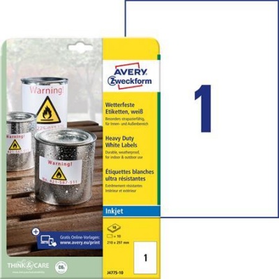 Etikett, 210x297 mm, poliészter, időjárásálló, AVERY ZWECKOFRM, fehér, 10 etikett/csomag